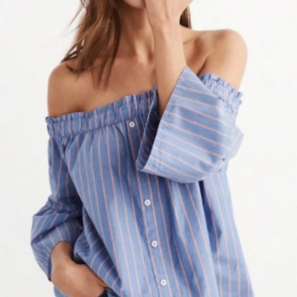 Abercrombie & Fitch Off-The-Shoulder Stripe Poplin Cropped Top